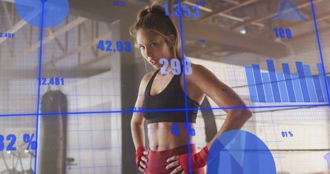 Female Boxer in Ring with Red Wraps and Fitness HUD Data Overlay