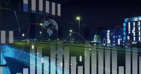 Displaying empty overpass with neon-lit ramp and financial chart overlays