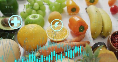 Fresh fruit flatlay with digital health data overlay for nutrition and wellness marketing