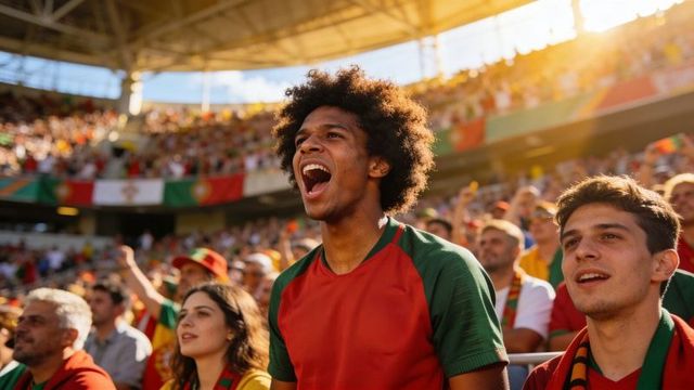 Shouting fan cheering passionately in packed stadium crowd during golden-hour sports match