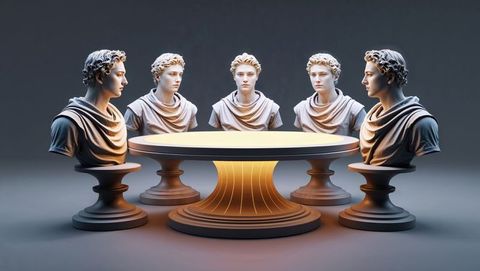 Five classical busts encircling glowing pedestal table in studio, talking heads concept