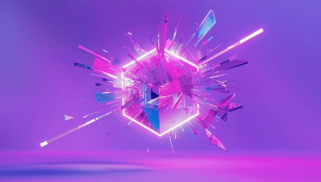 Futuristic Neon Fractured Hexagon with Geometric Shards