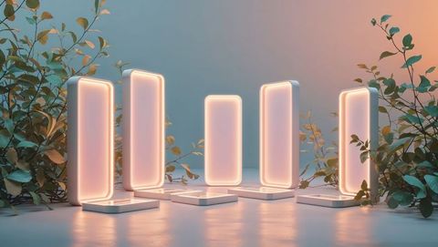 Cluster of LED Panels Illuminated Amongst Greenery in Studio