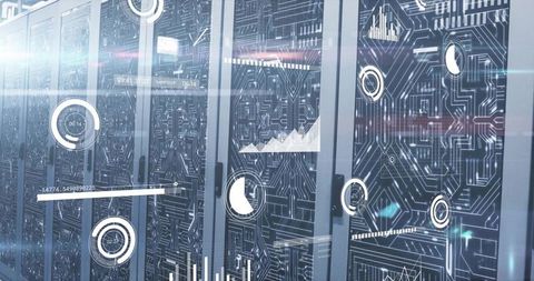 Futuristic data center racks displaying digital HUD telemetry overlays and neon circuitry