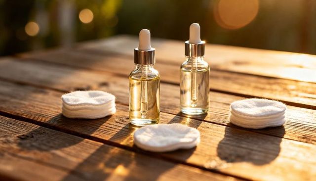 Glowing glass dropper bottles with cotton pads on rustic wooden table at golden hour
