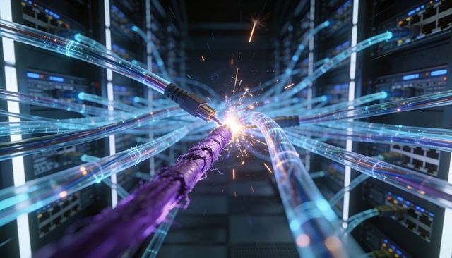 Sparking frayed fiber cable connecting to connector sending blue data trails in server rack