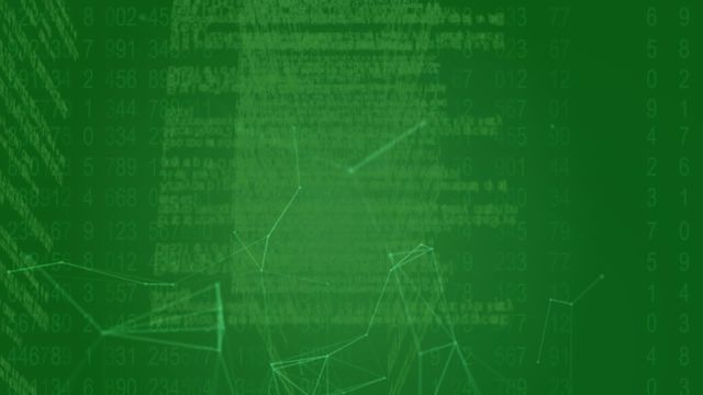 Abstract green background depicting digital data and interconnected nodes. Ideal for use in presentations, technology-related articles, and educational content about internet security, digital processing, and networking.