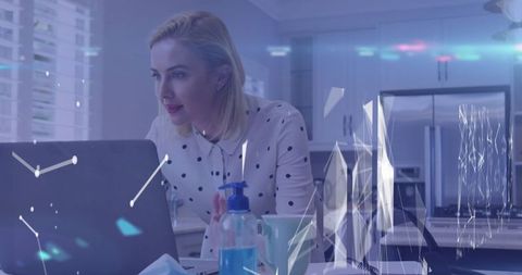 Caucasian Woman Using Laptop with Chemical Structure Overlay