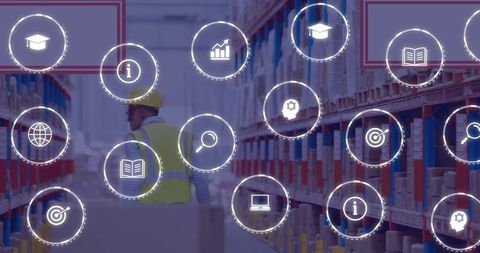 Warehouse Worker Navigating Digital Interface with Business Icons