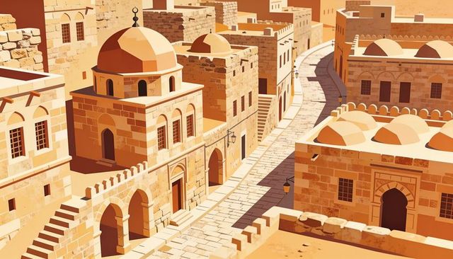 Sunlit mediterranean old town with sandstone domes, arched facades and winding paved alley