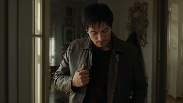 Contemplative young man adjusting leather jacket in dim hallway with soft window light