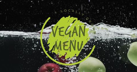 Fresh Fruits Sinking Underwater with Vegan Menu Label