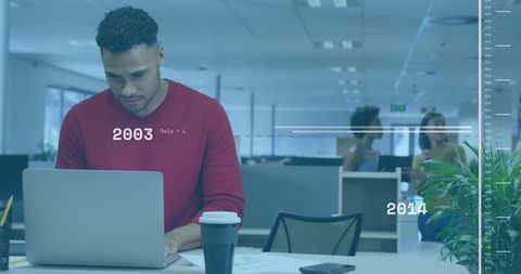 Diverse Team Working in Modern Office with Digital Timeline Overlay