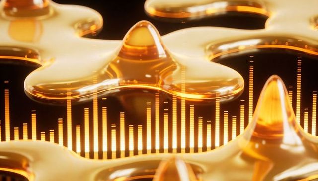 Glowing amber-gold droplet sculpture reflecting vertical light bars macro abstract texture