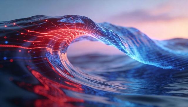 Neon digital wave mesh flowing over rippling ocean surface with red and blue glowing lights