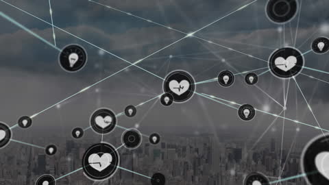 Digital Network Icons Over Cityscape Backdrop