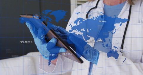 Female doctor using tablet with global health data overlay for telemedicine and diagnostics