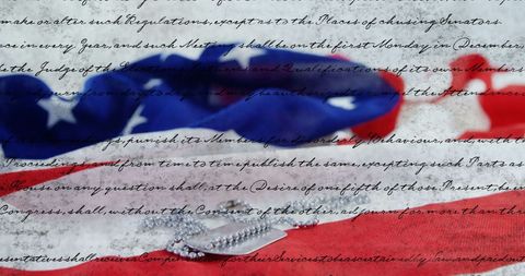 U.S. Constitution Text on American Flag with Military Dog Tags