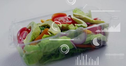 Featuring packaged romaine and avocado salad in clear clamshell with futuristic hud data overlays