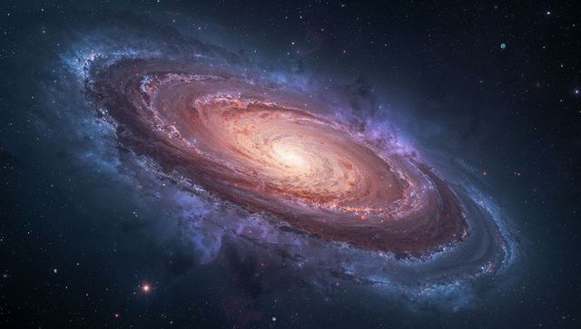 Spiral galaxy rotating in deep space with vivid nebula and dust lanes