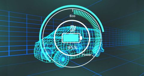 Digital wireframe of electric van with battery level overlay