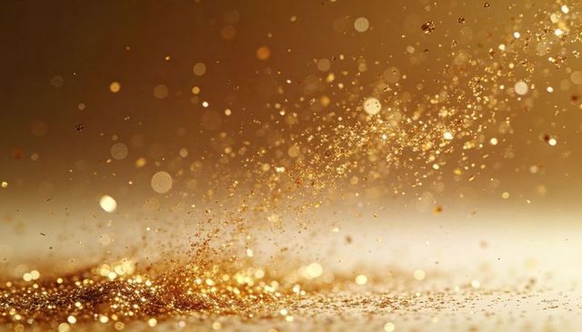Shimmering gold glitter trail with bokeh sparkle and floating metallic particles