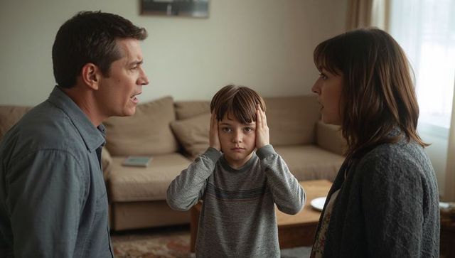 Stressed child during parental argument in family living room
