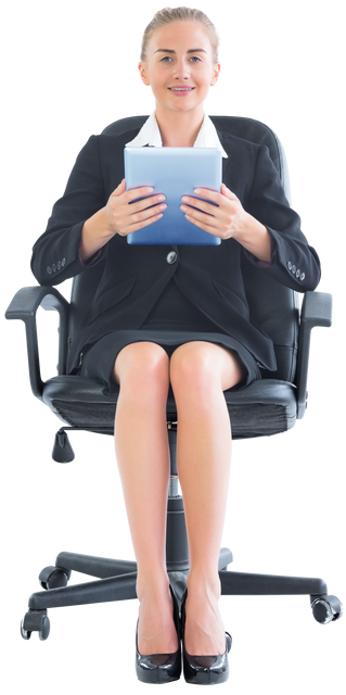 Transparent Businesswoman Sitting on a Swivel Chair with Tablet - Download Free Stock Videos Pikwizard.com