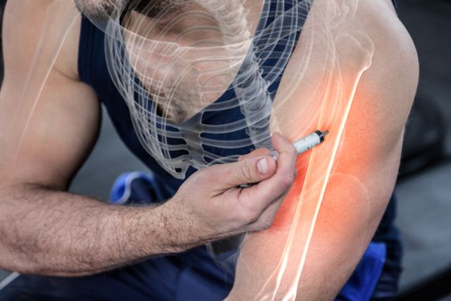 This photo showing a man injecting an anabolic steroid into his arm is ideal for articles or publications on sports performance enhancement, fitness practices, bodybuilding routines, and the implications of steroid usage in athletics. It can also be used in health guides to raise awareness about the effects and risks of steroids.