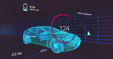 Futuristic 3d wireframe cyber sports car with enhanced hud interface
