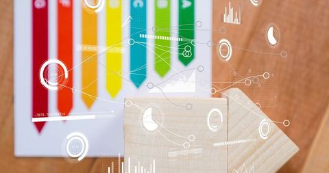Wooden Arrow Pointer with Color Ribbon Bar Infographic and Futuristic Data HUD Overlays