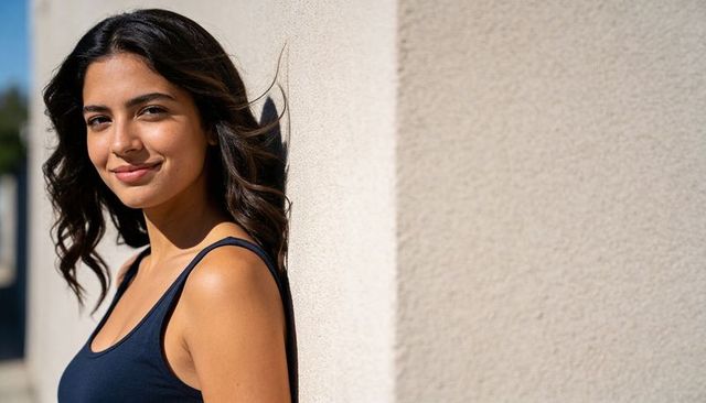 Sunlit woman leaning on beige wall wearing navy tank top, making eye contact
