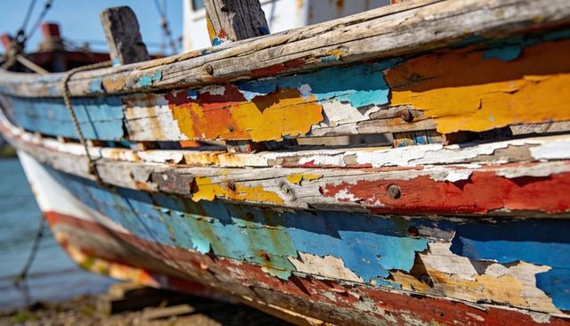 Peeling paint on weathered wooden boat hull showing multicolor layers and rusted nails