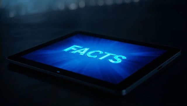 Glowing facts on tablet screen in moody blue light technology concept for data insights