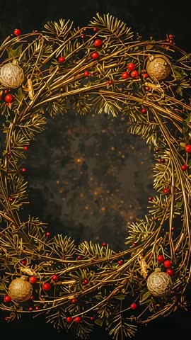 Rotating festive wreath with pine branches, red berries and golden ornaments on ember backdrop