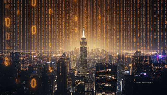 Futuristic binary rain falling over neon city skyline with towering illuminated spire