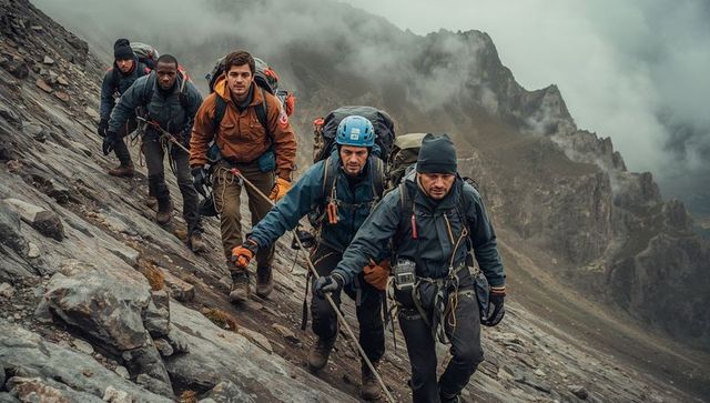 Climbing team ascending steep alpine ridge during foggy high-altitude expedition