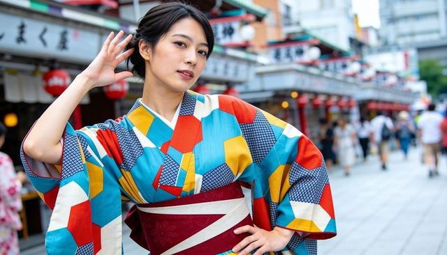 Woman wearing colorful geometric kimono posing on lantern-lined street