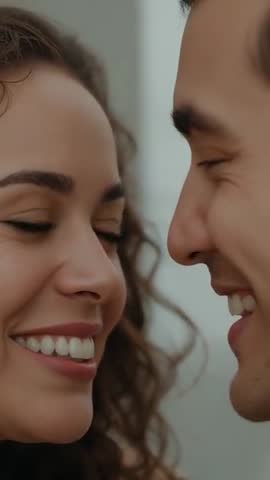 Couple leaning closer for kiss in intimate closeup vertical video, smiling and connecting