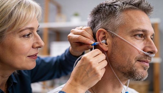 Clinician fitting hearing test ear insert for patient with nasal cannula