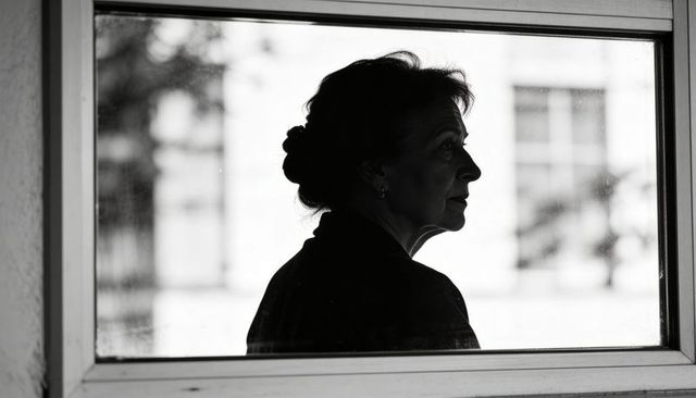 Silhouette senior woman profile at window contemplating life monochrome emotional portrait