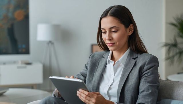 Professional woman holding tablet and reviewing files in modern minimalist office lounge