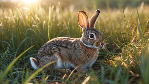 Crouching wild cottontail rabbit in grassy meadow at sunset