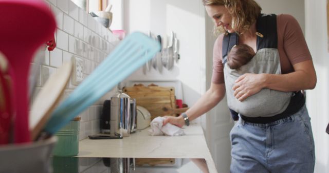 Image of caucasian mother with newborn baby in baby carrier cleaning kitchen. motherhood, parental love and taking care of newborn baby concept digitally generated image.