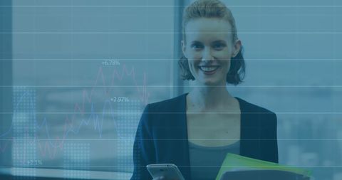 Smiling Businesswoman Engaging with Financial Technology