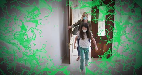 Child entering home wearing mask with parent and green virus network overlay