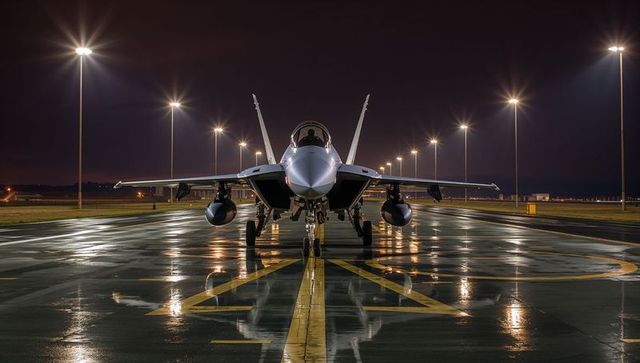 Fighter Jet Resting on Illuminated Runway at Night