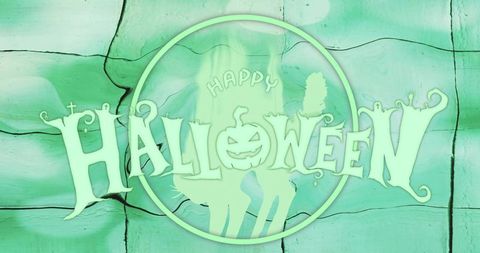 Mint green halloween emblem with jack-o'-lantern o and distressed wood silhouettes