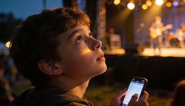 Teenage boy holding smartphone looking up at stage lights during outdoor twilight concert