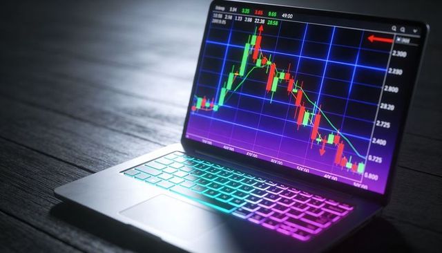 Laptop displaying falling candlestick chart with rgb backlit keyboard on dark desk for traders